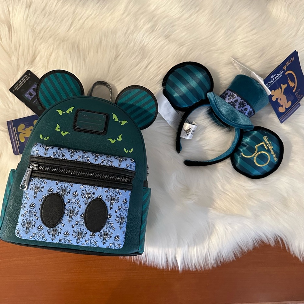 Disney Haunted Mansion Loungefly backpack bag & matching Mouse ears Disneyland